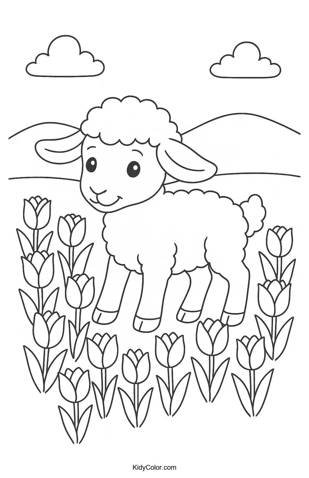 Lamb in a field of tulips
