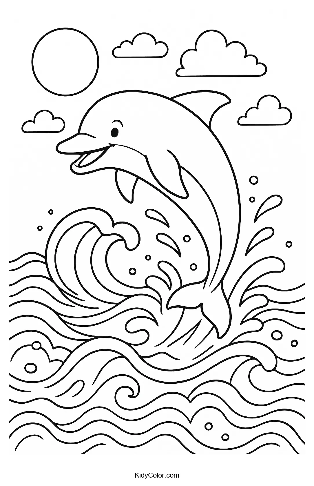 Dolphin jumping over ocean waves coloring page