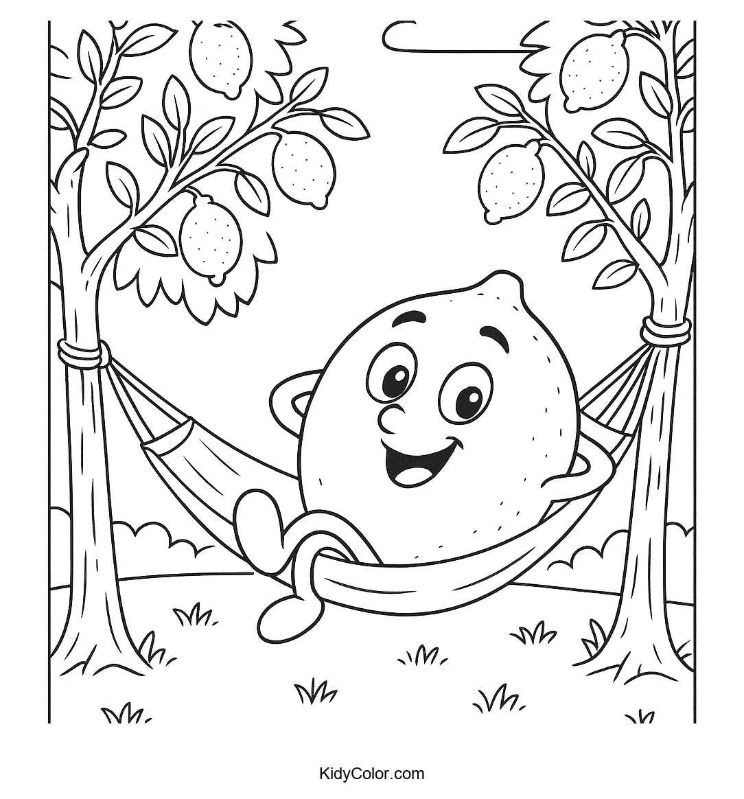 Lemon relaxing in a hammock coloring page