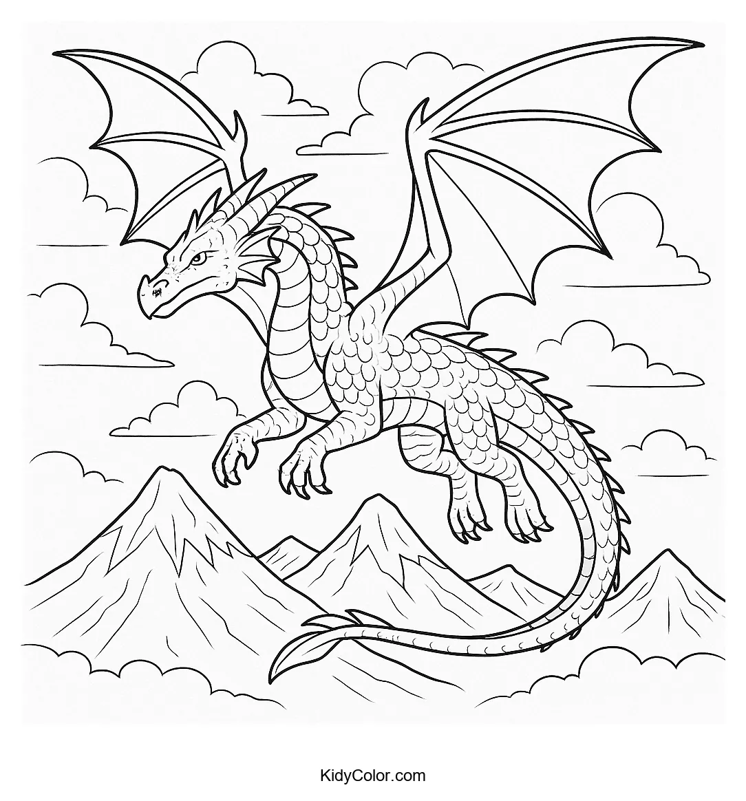 Dragon flying over snowy mountains