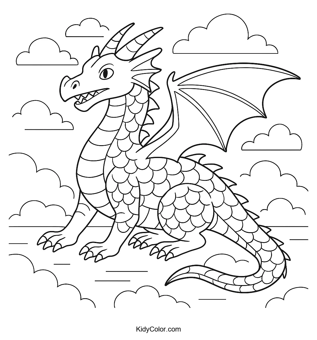 Majestic dragon flying through clouds.