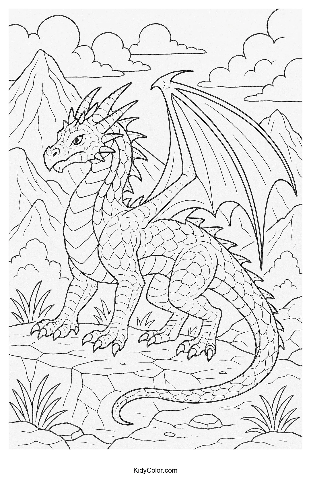 Dragon in a rocky landscape coloring page