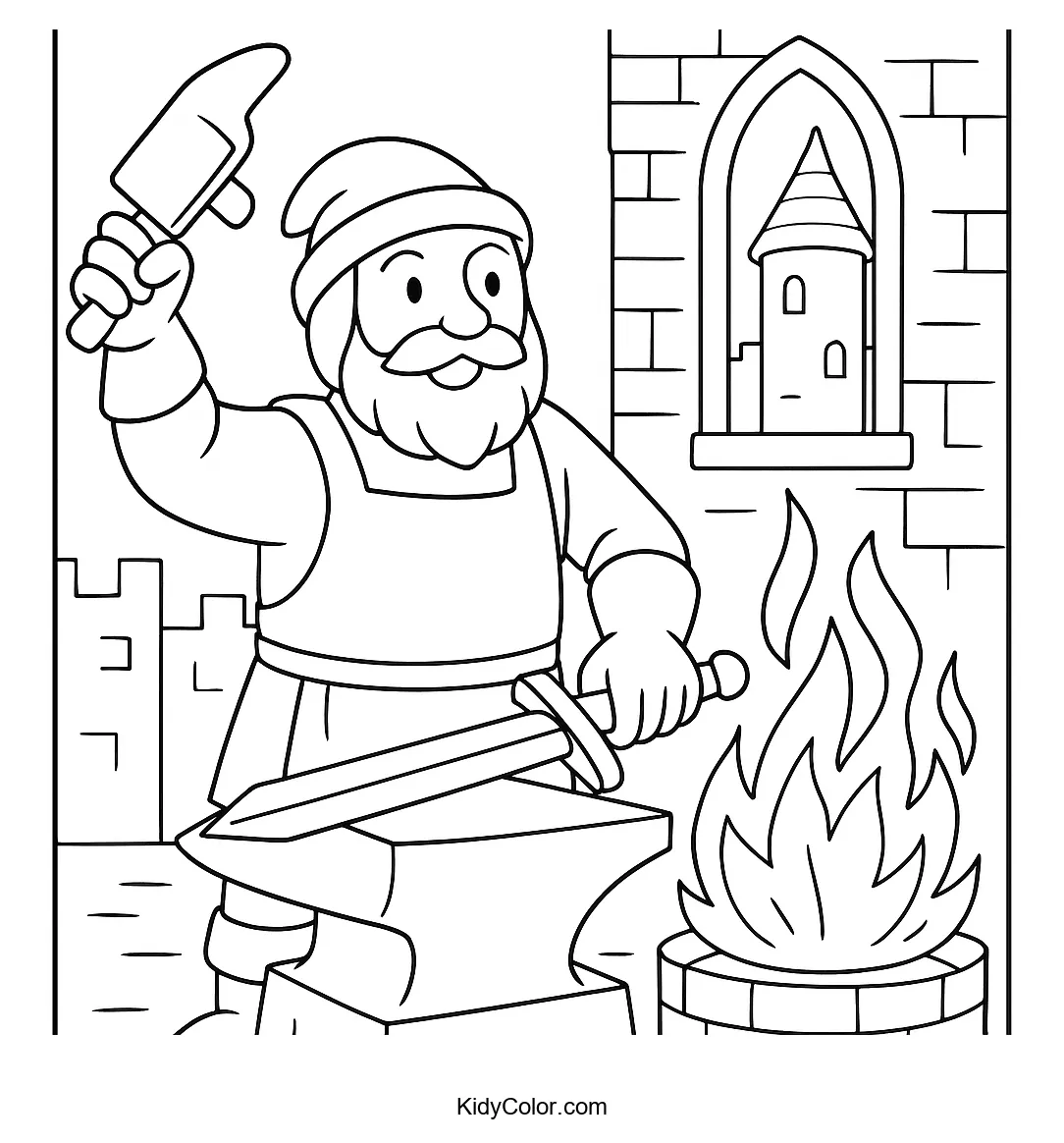 Medieval blacksmith working at the forge coloring page