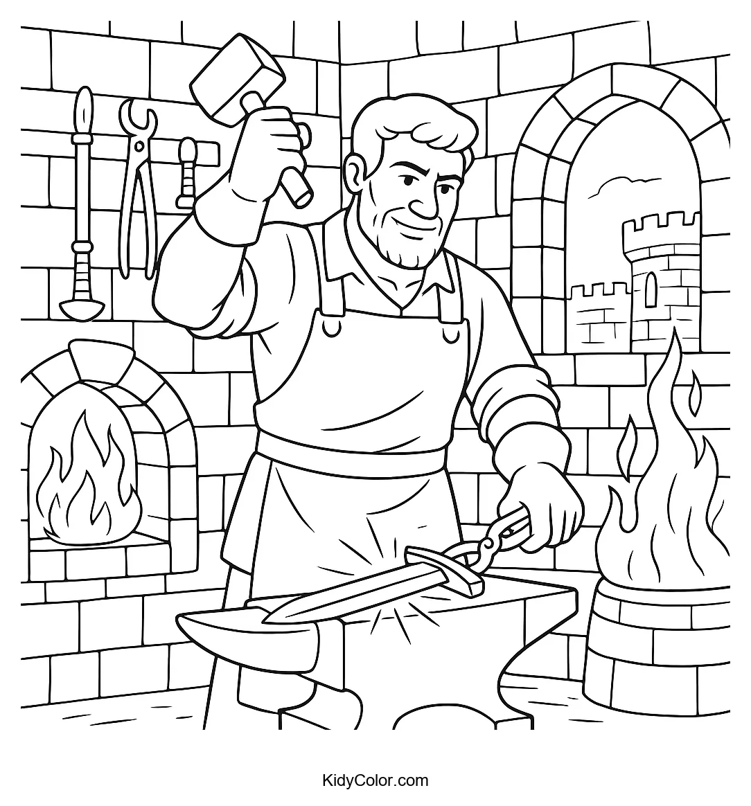 Coloring page of a medieval blacksmith at work.