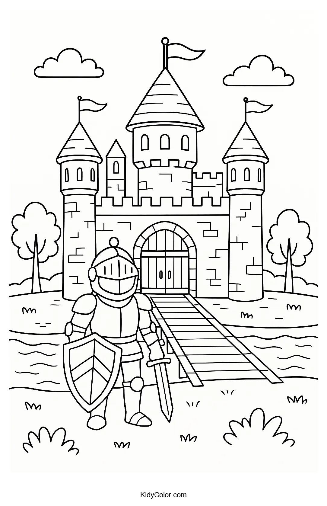 Medieval castle with knight and drawbridge coloring page