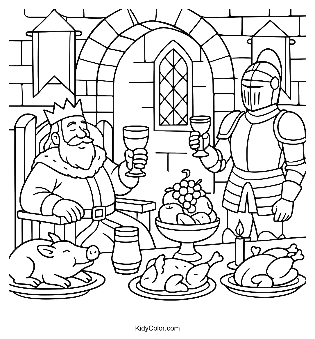 Medieval feast in a grand hall coloring page.