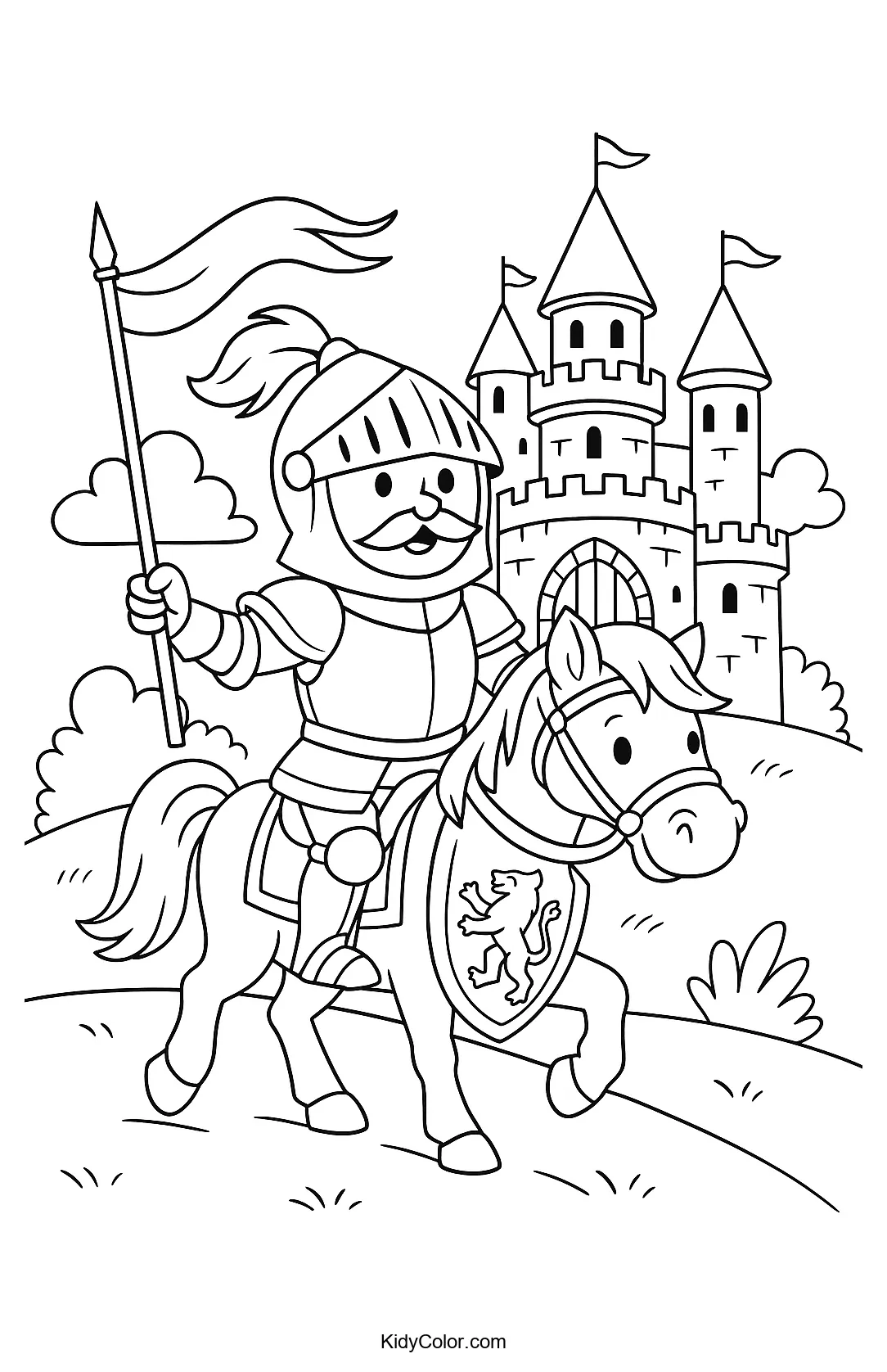 Coloring page of a medieval knight on horseback.