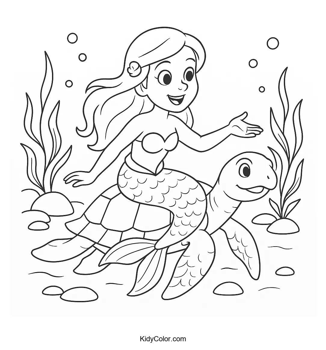 Mermaid swimming with a turtle underwater