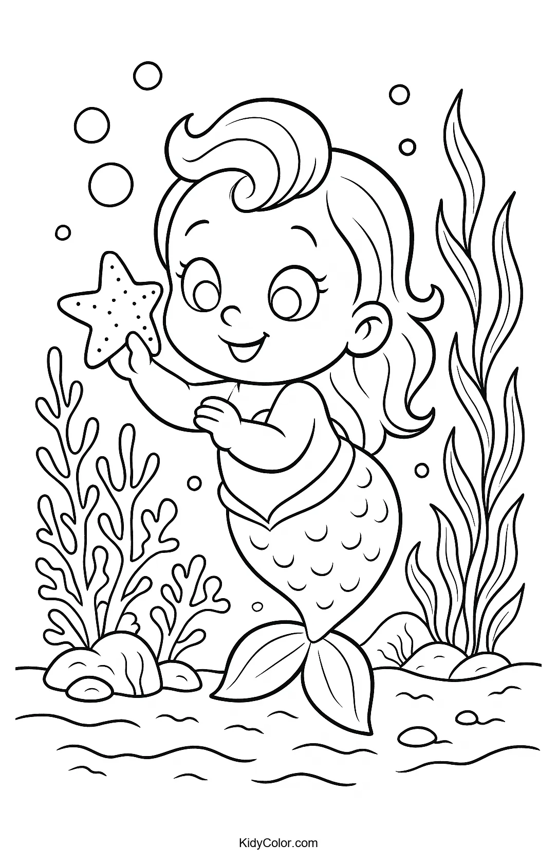 Mermaid baby and starfish underwater