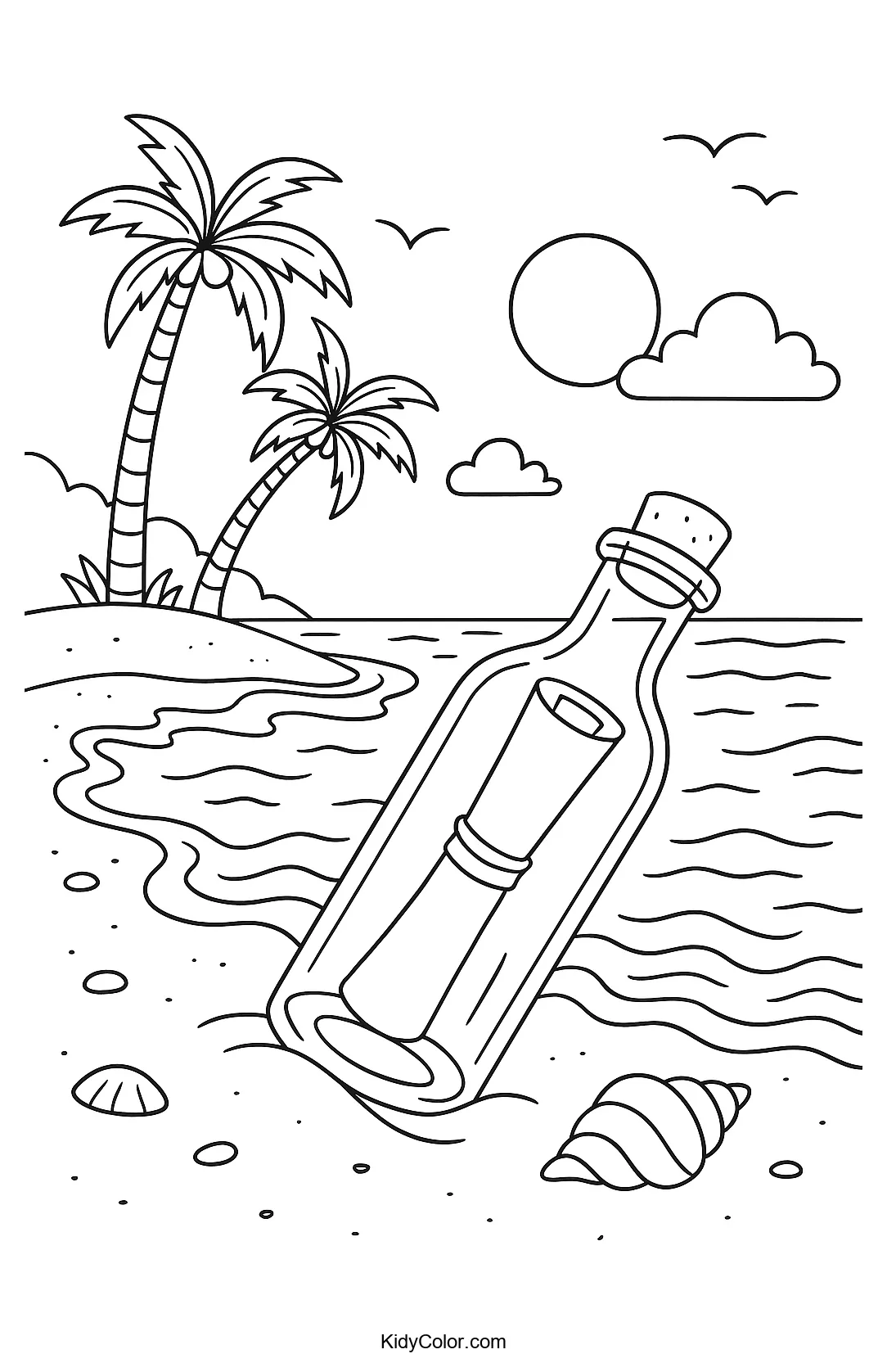 Coloring page of a message in a bottle on the beach
