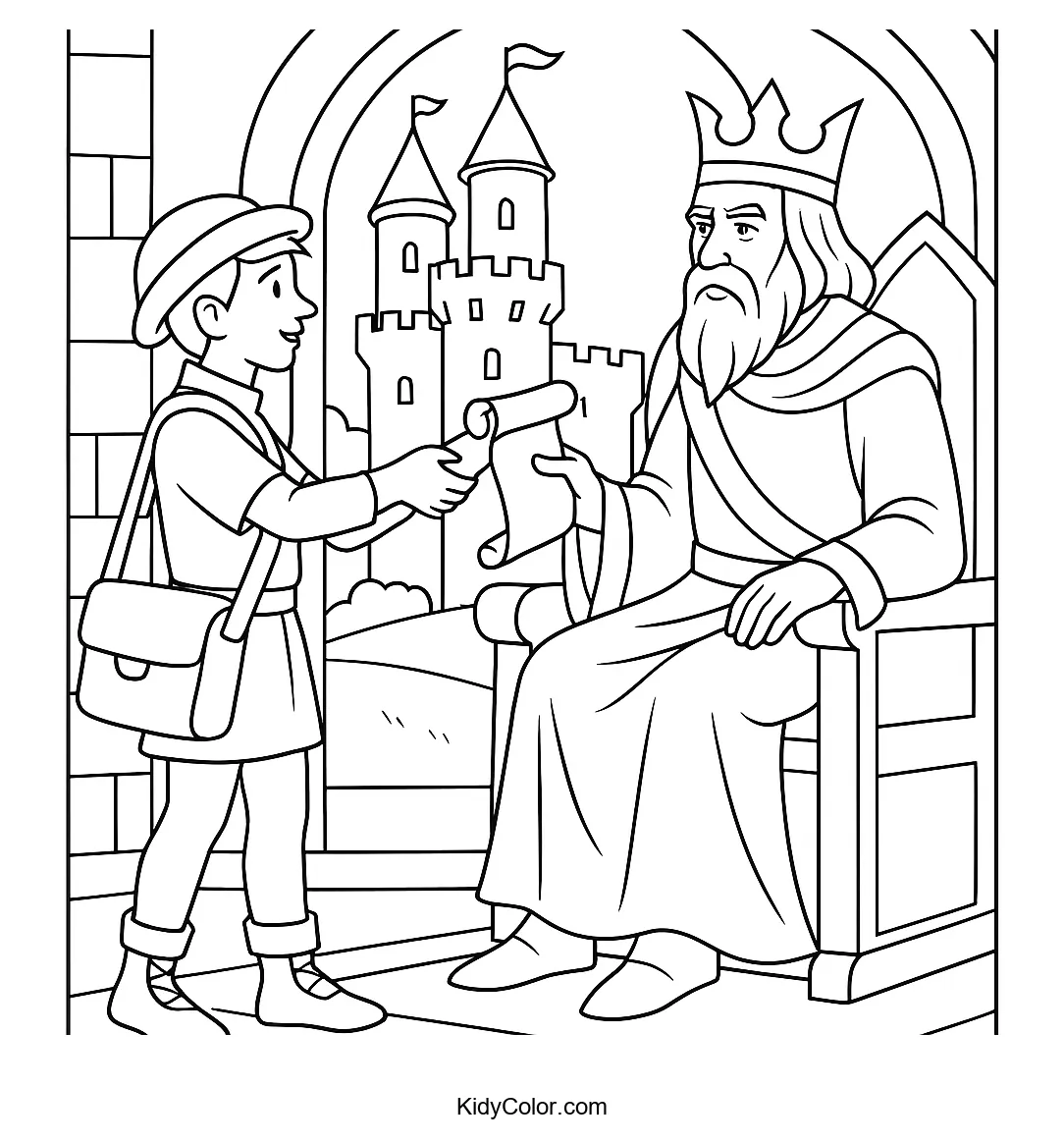 Messenger boy handing scroll to a king