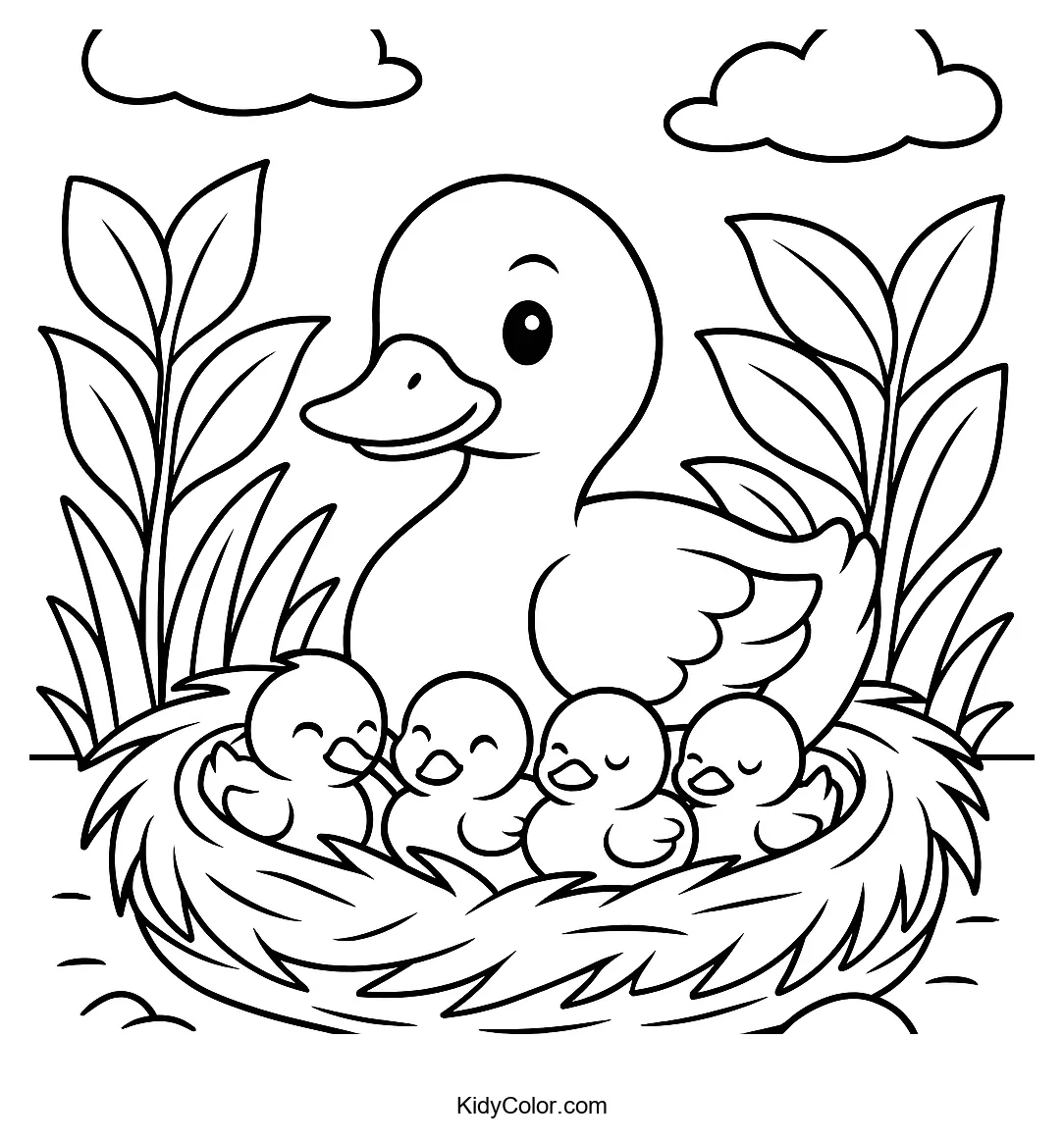 Mother duck with ducklings in a nest