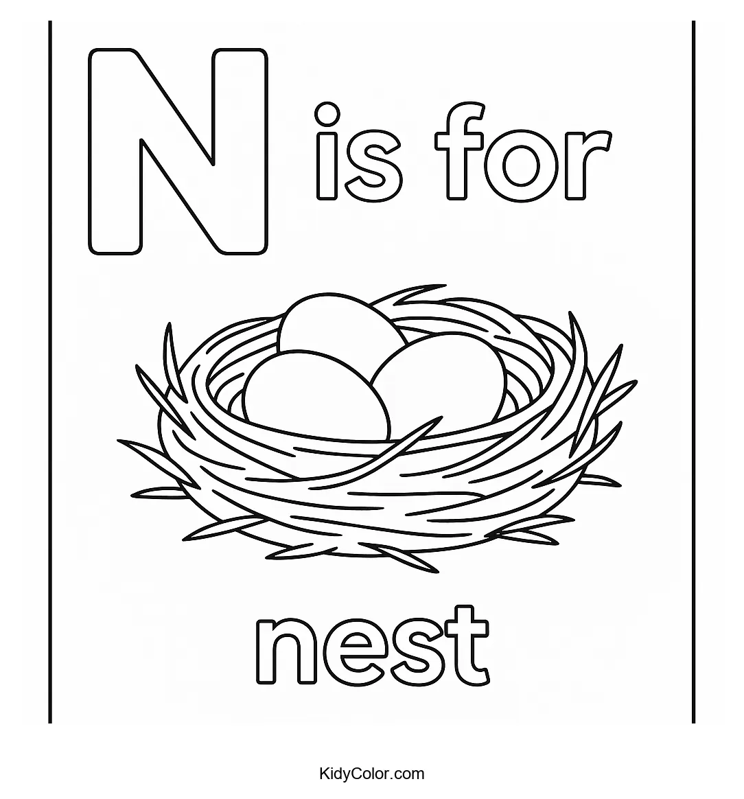 A coloring page featuring the letter N and a nest.