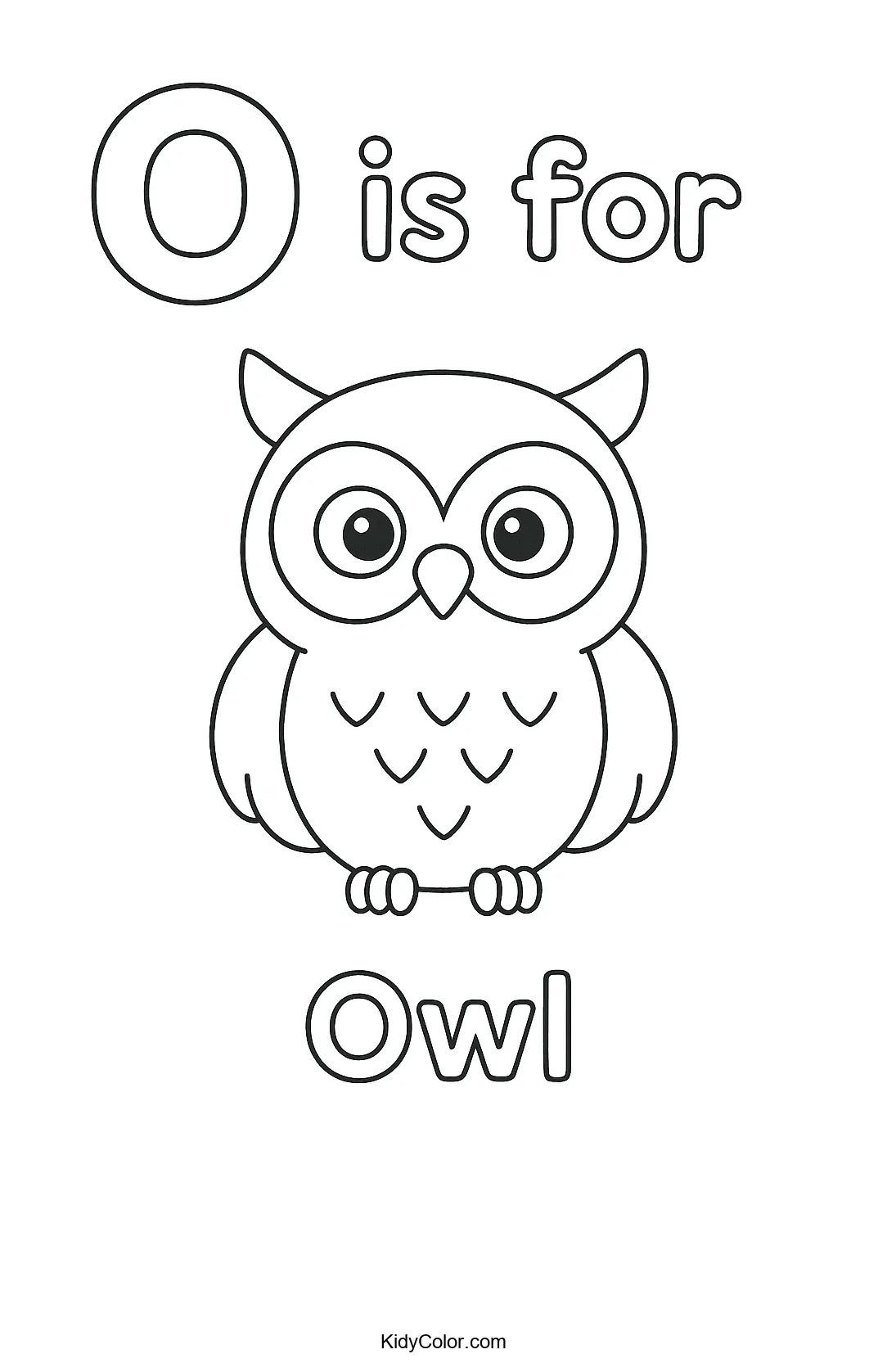 O is for Owl coloring page with a cartoon owl