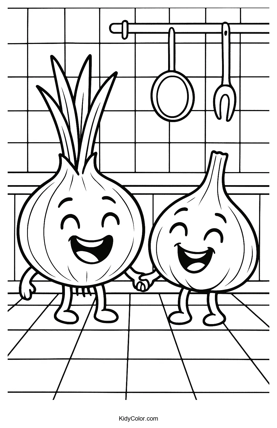 Onion and Garlic in a kitchen scene for coloring.