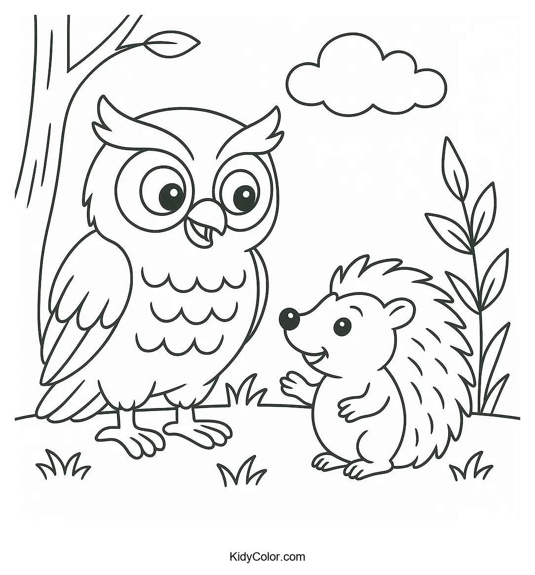 Owl and hedgehog in a meadow coloring page
