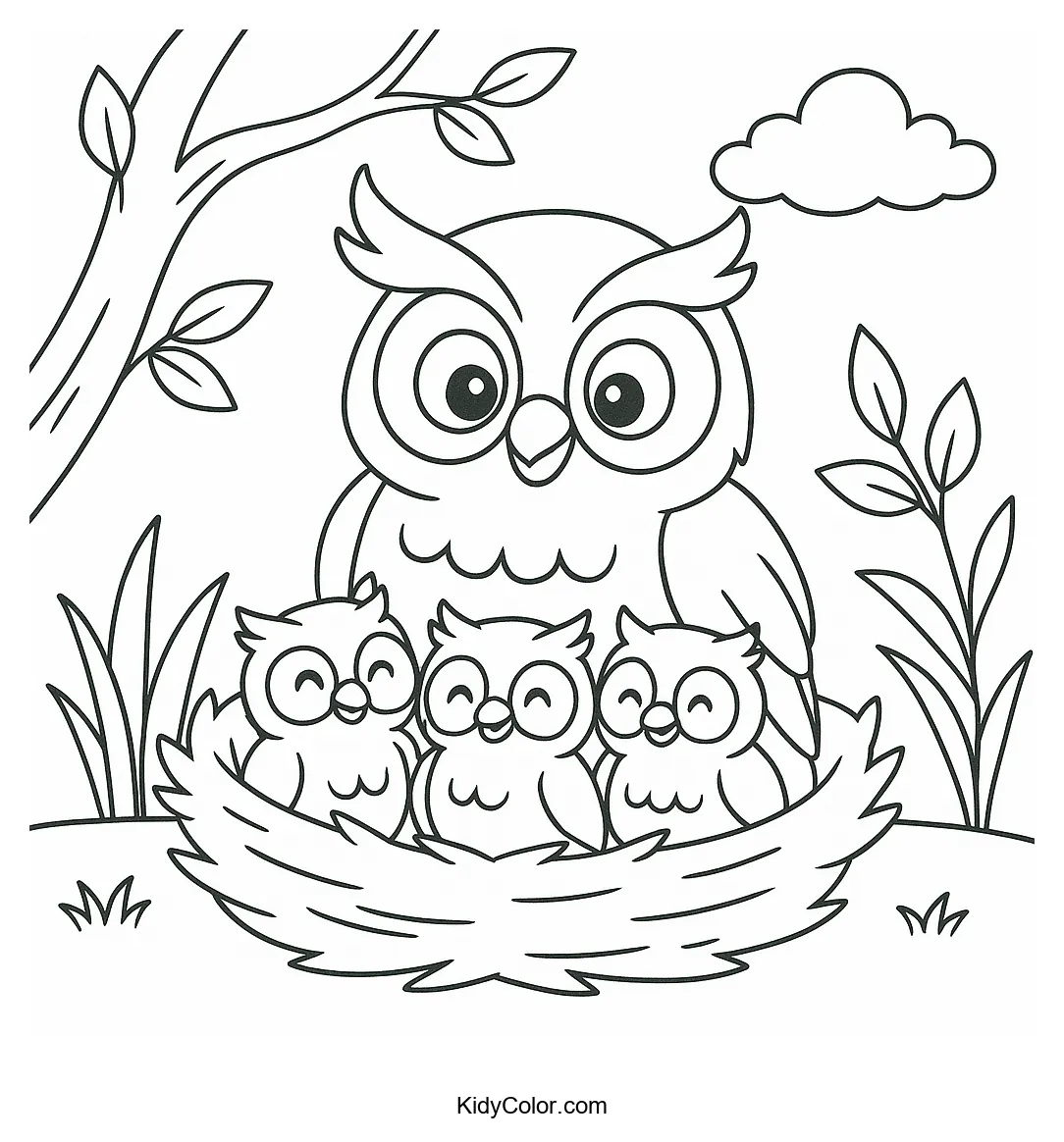 Owl family in a nest coloring page