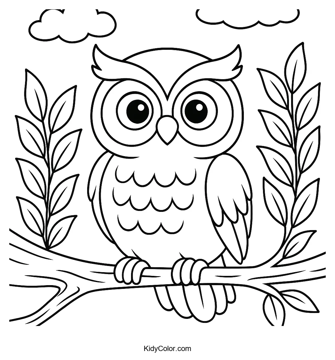 Owl on a branch with clouds coloring page