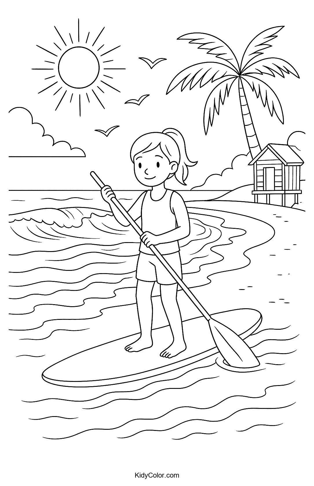 Paddleboarding on a sunny beach with waves and sand