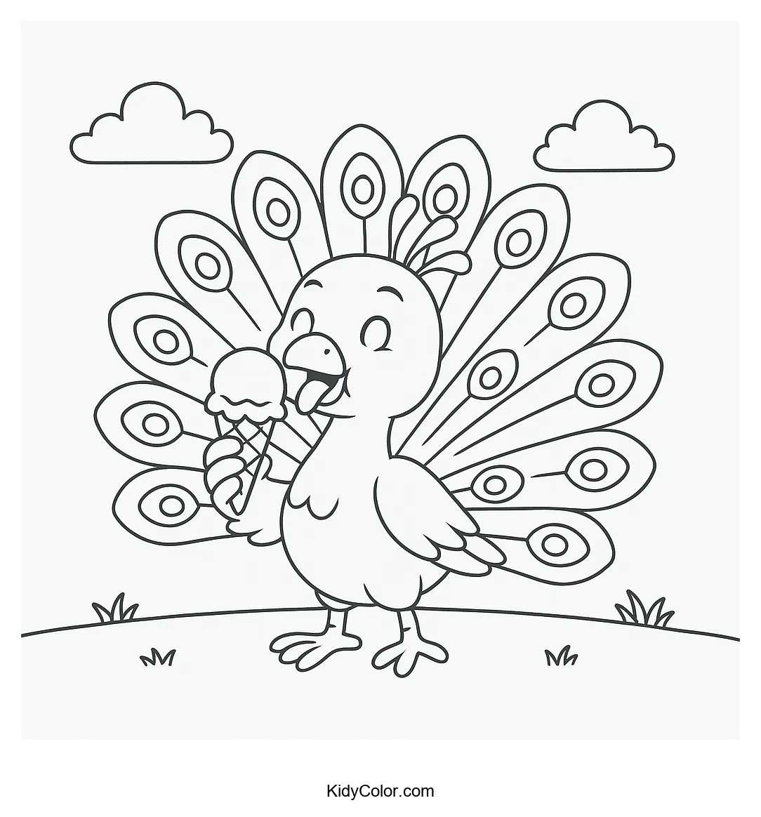 Peacock eating ice cream outdoors