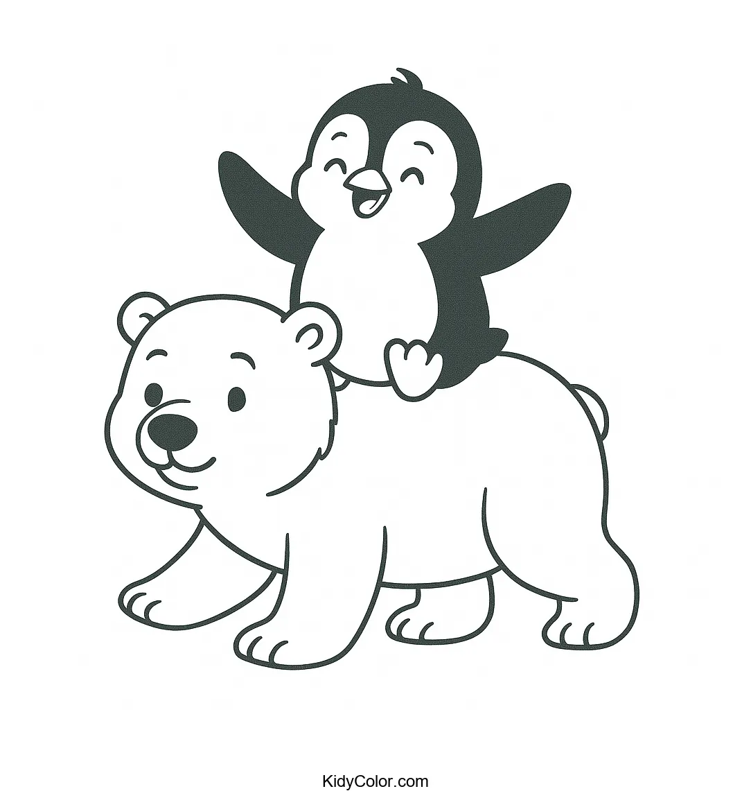 Penguin and bear sledding down a snowy hill