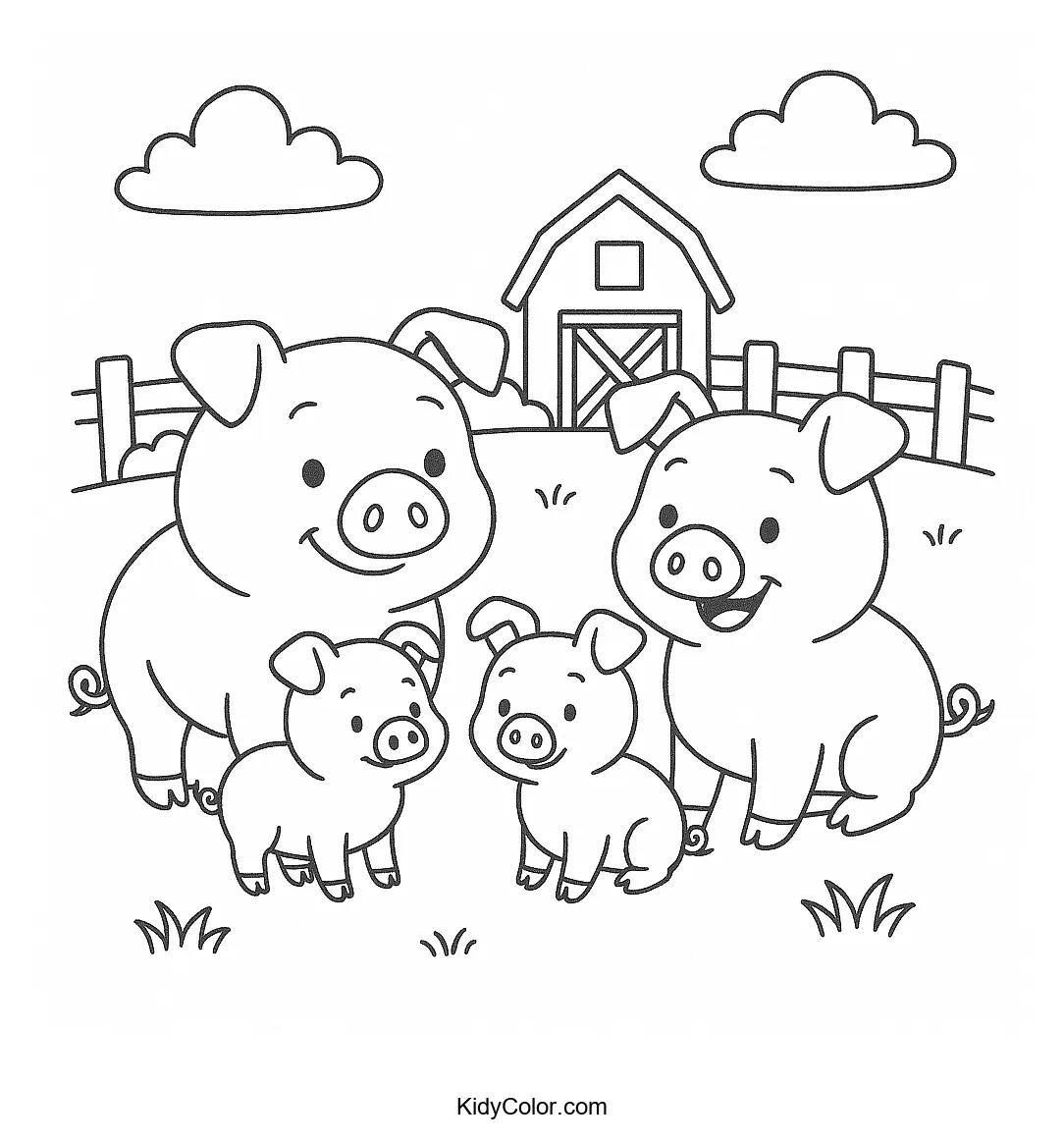 Pig family in the farmyard coloring page