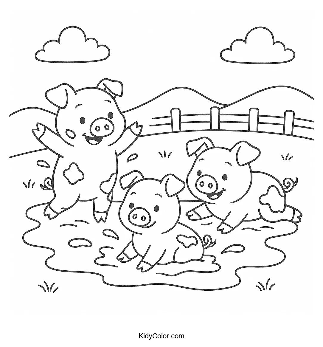 Pigs playing in mud coloring page