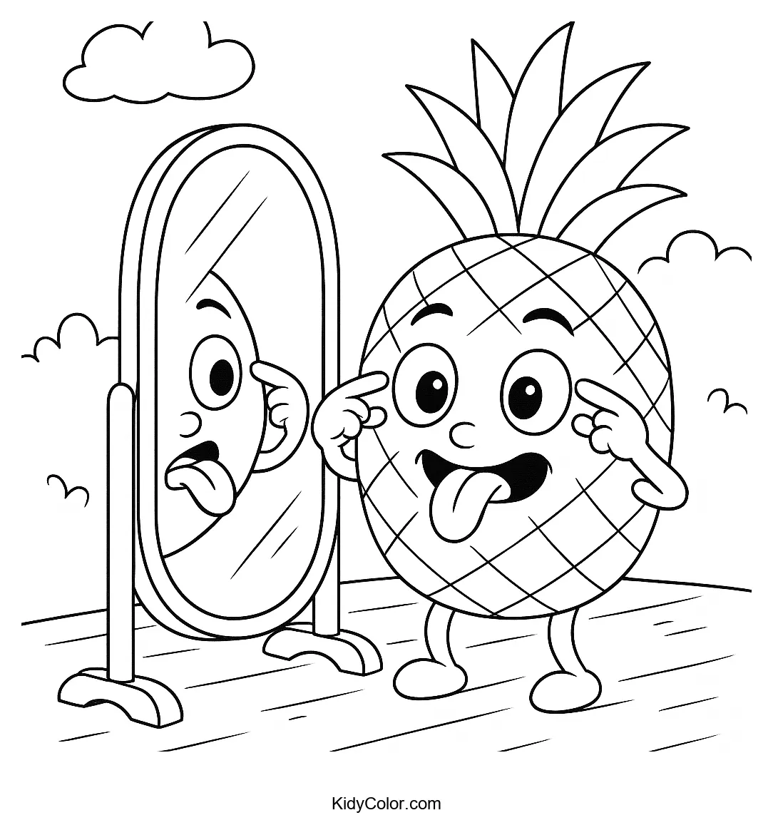 Coloring page featuring a pineapple and its reflection.