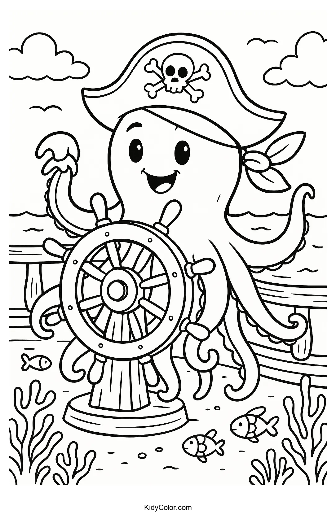 Pirate octopus steering a ship coloring page