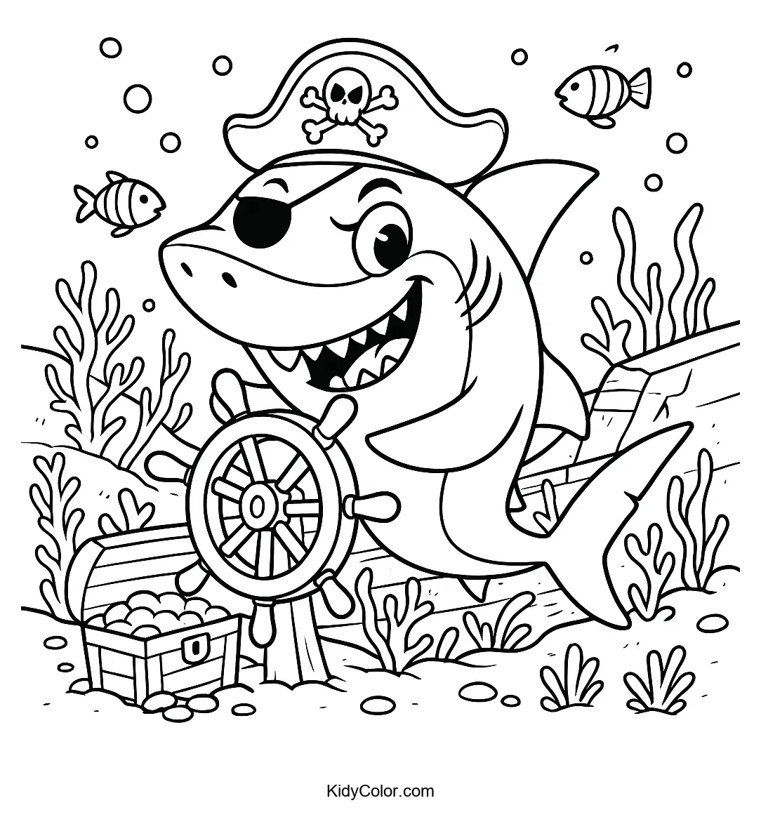 Pirate shark with a sunken treasure chest