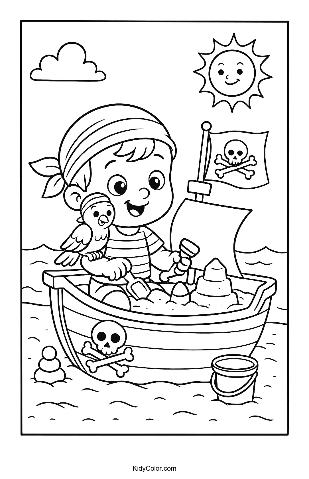 Pirate toddler playing in a sandbox with toys