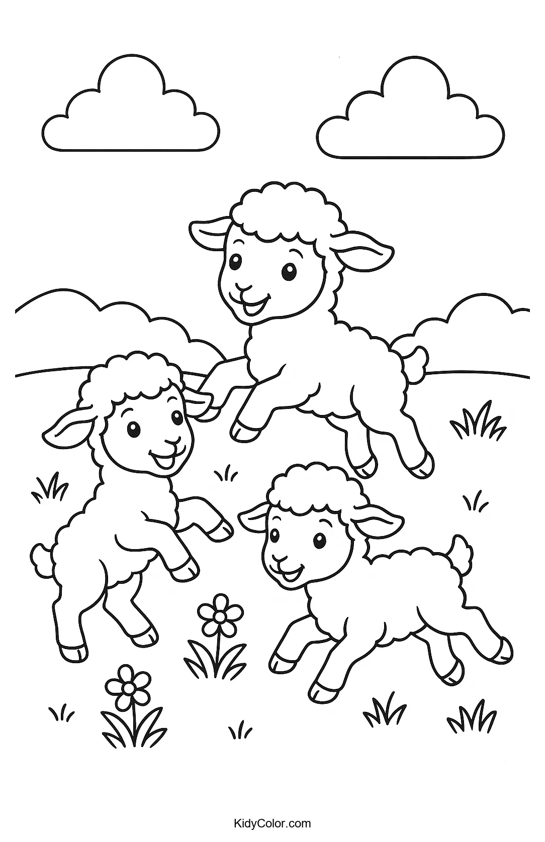 A group of playful lambs in rolling hills.