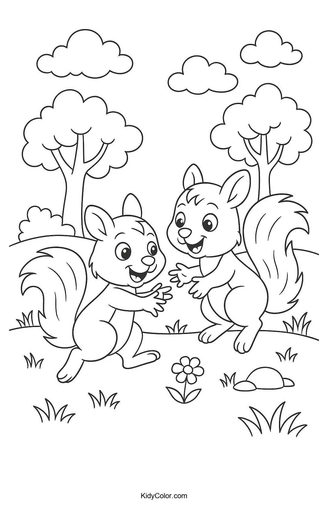Squirrels playing in a woodland setting.