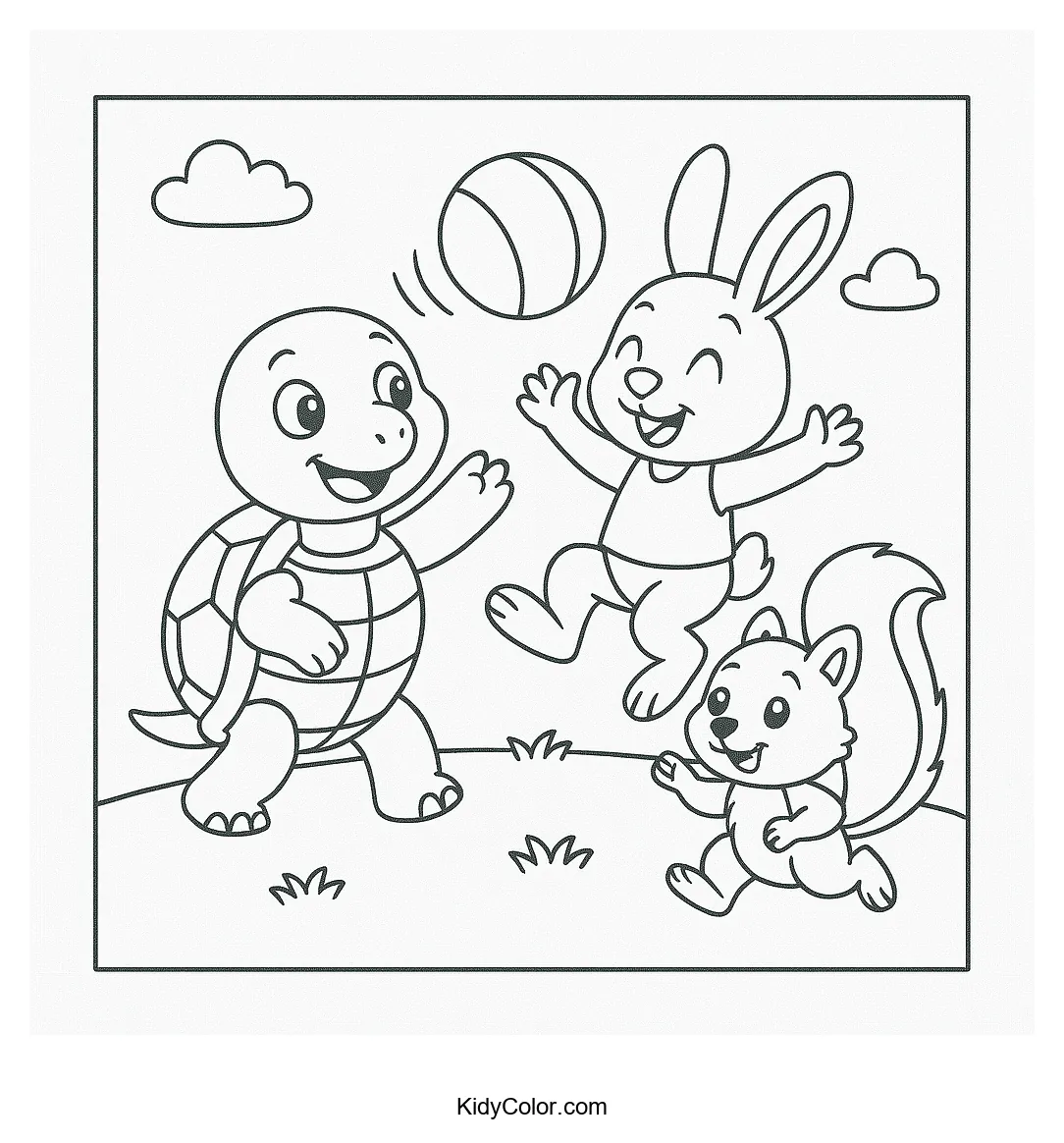Coloring page with three playful characters in a fun game