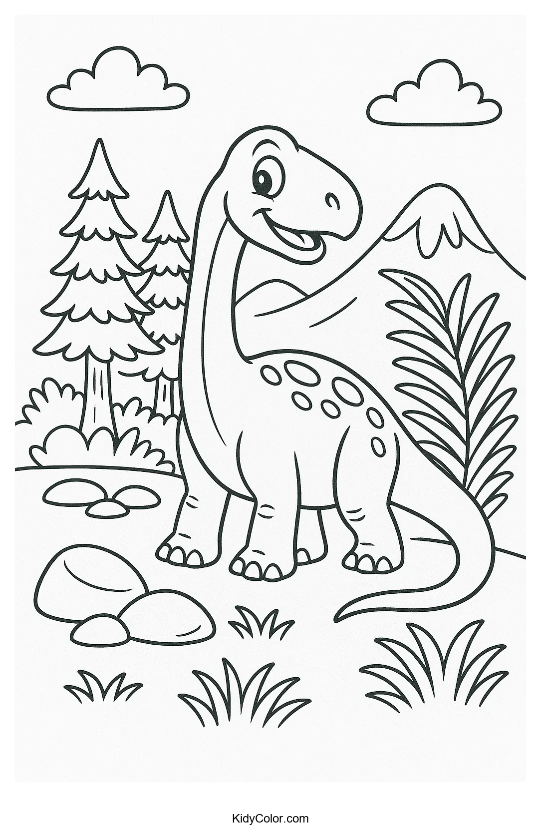Coloring page of a cheerful Brachiosaurus in a prehistoric landscape