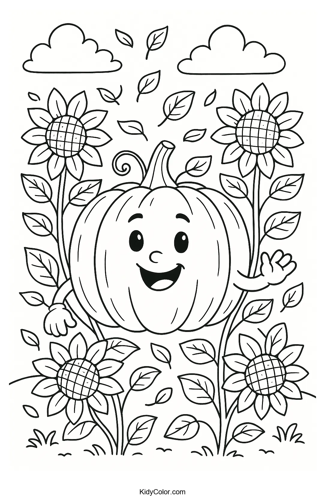 Pumpkin and sunflowers in a garden coloring page