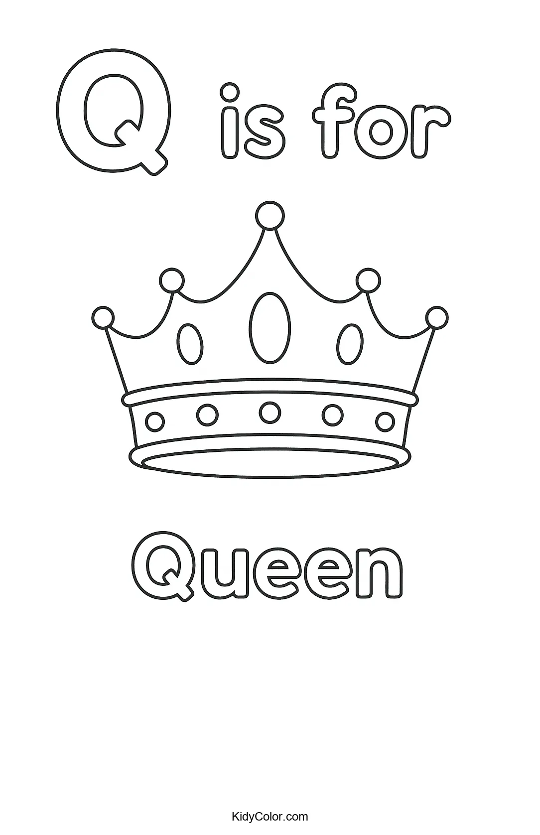 Coloring page of the letter Q with a queen illustration