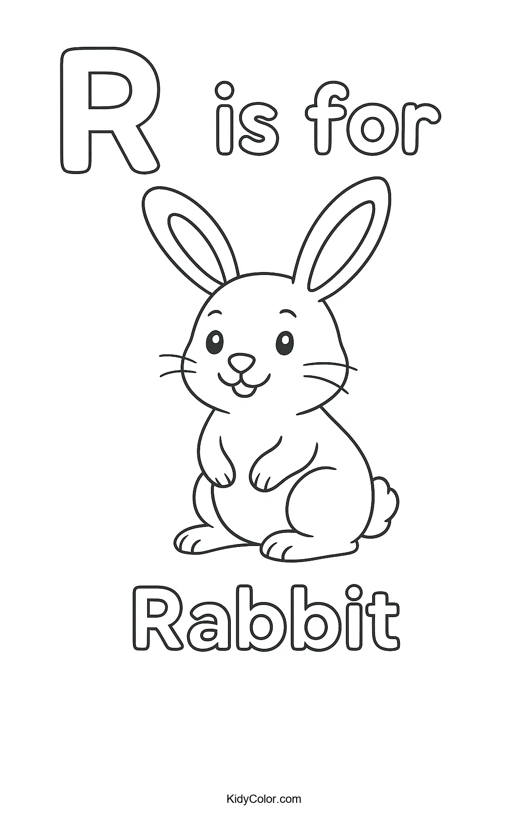 R is for Rabbit coloring page with rabbit illustration