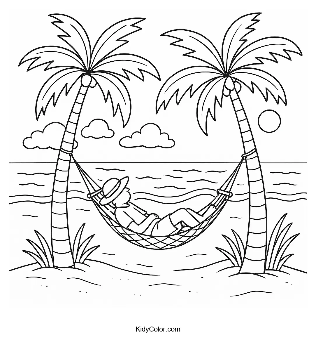 Coloring page of a beach hammock under palm trees