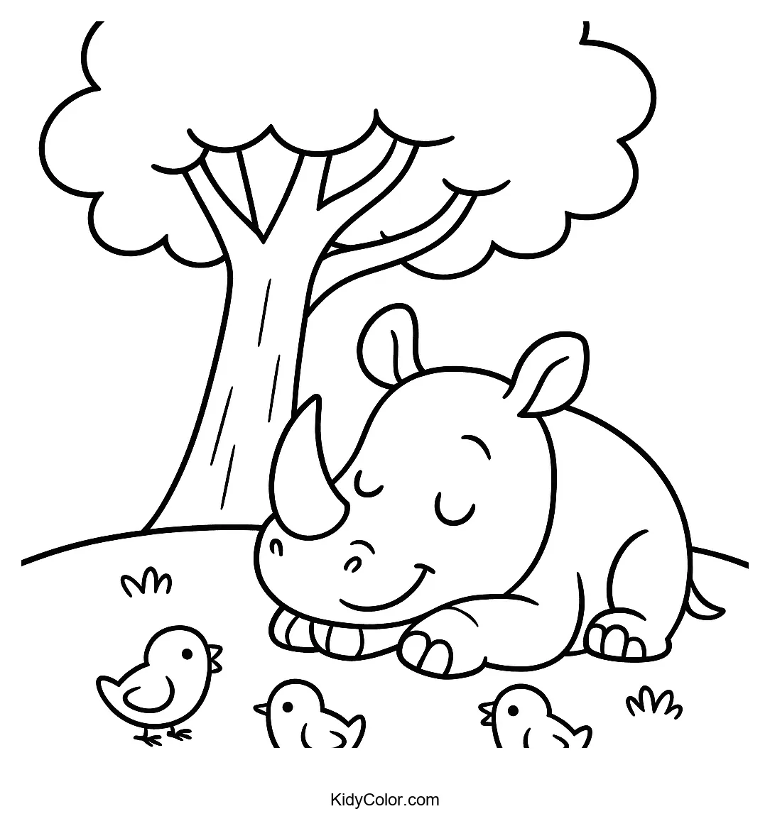 Rhino sleeping under tree with baby birds