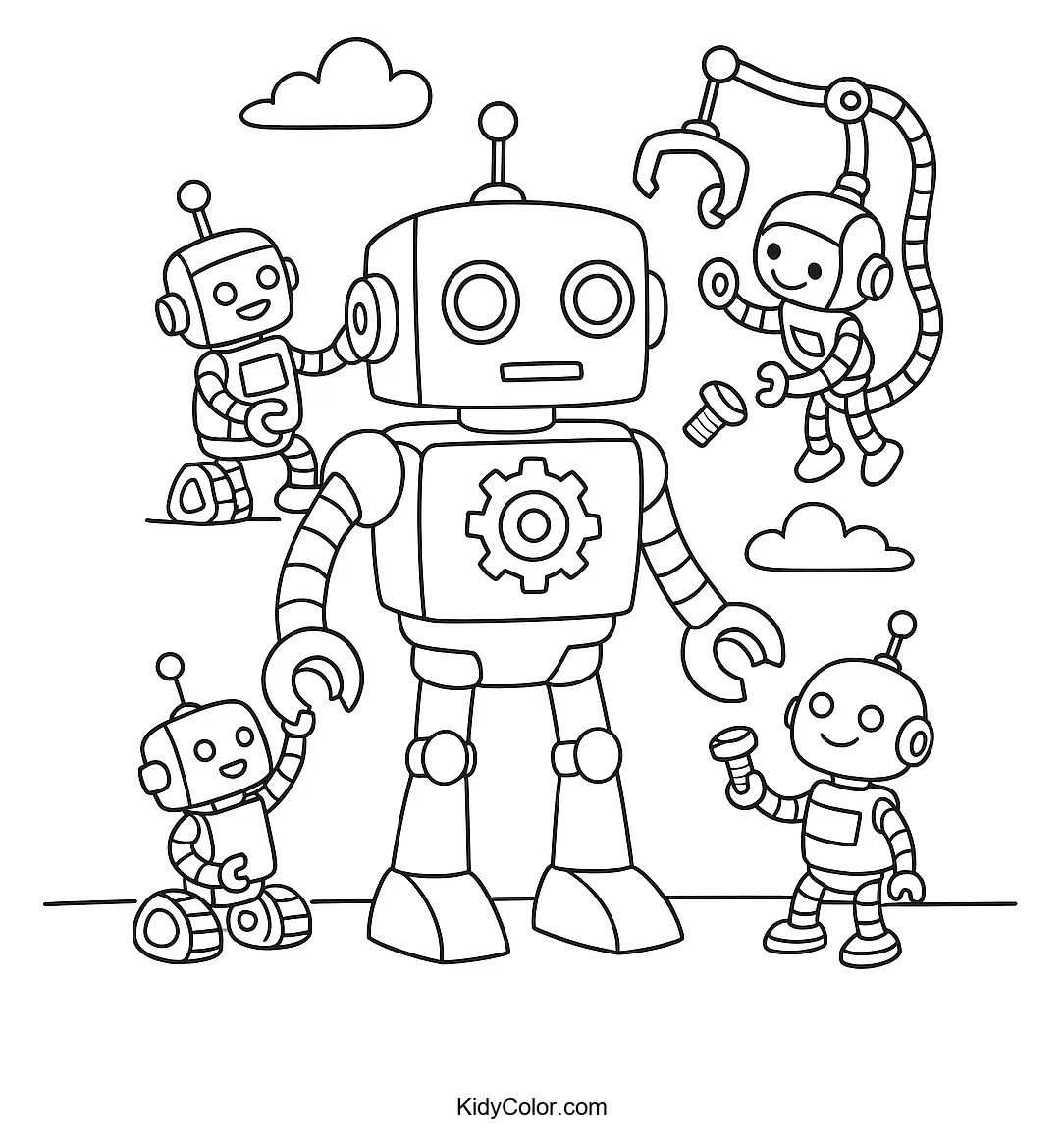 Image of robots being assembled for kids to color