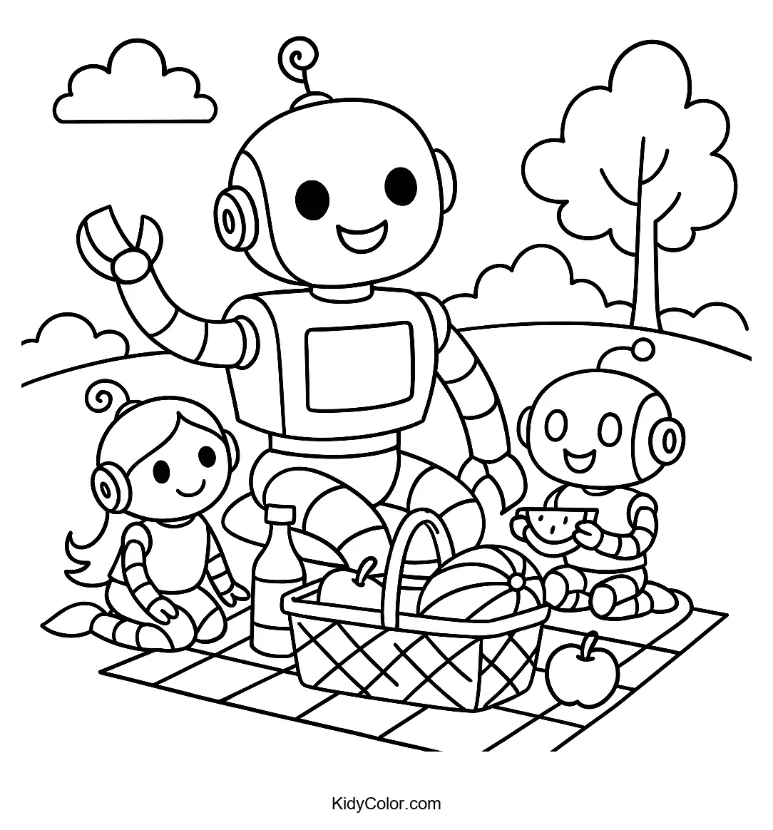 Robot family having a picnic in the park