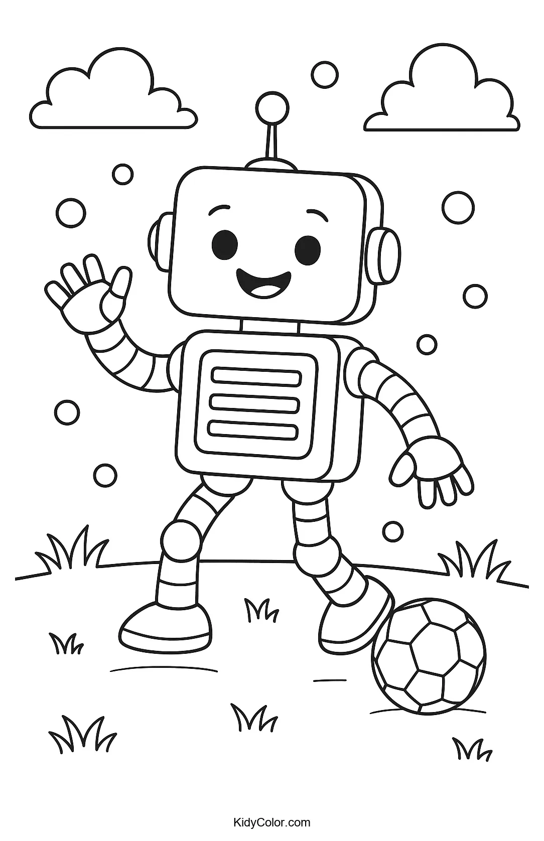 Robot playing soccer in the park coloring page