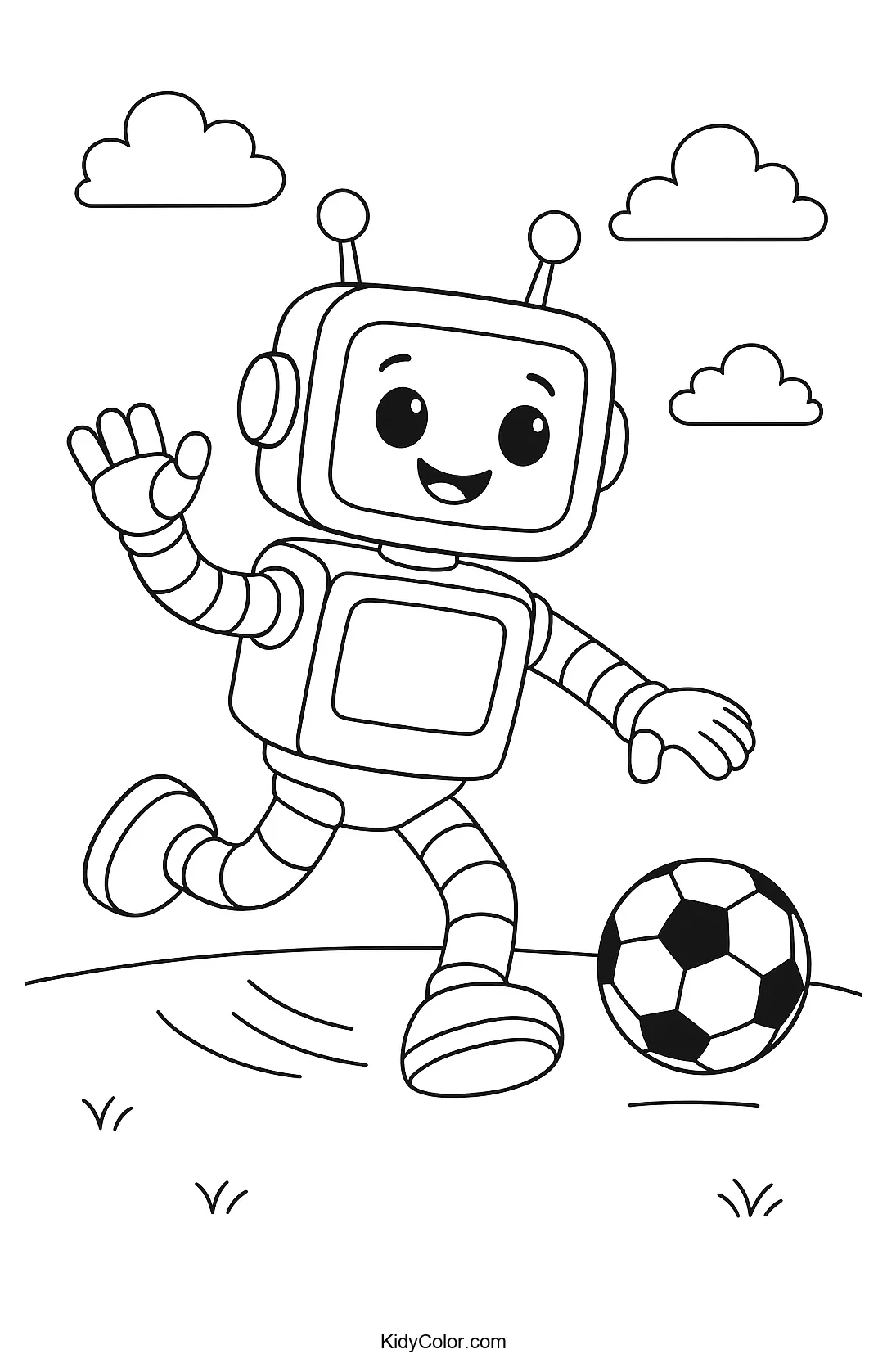Robot playing soccer on a grassy field