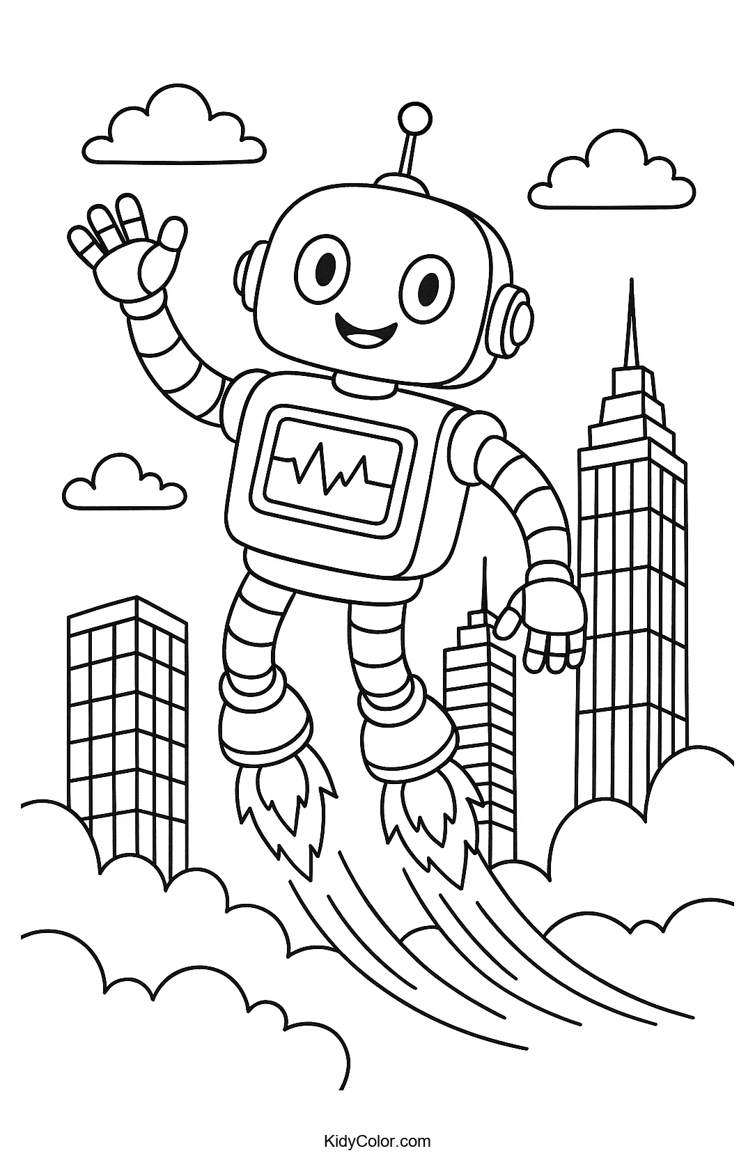 Robot flying over a cityscape coloring page.