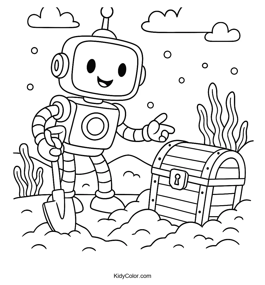Robot finding hidden treasure coloring page
