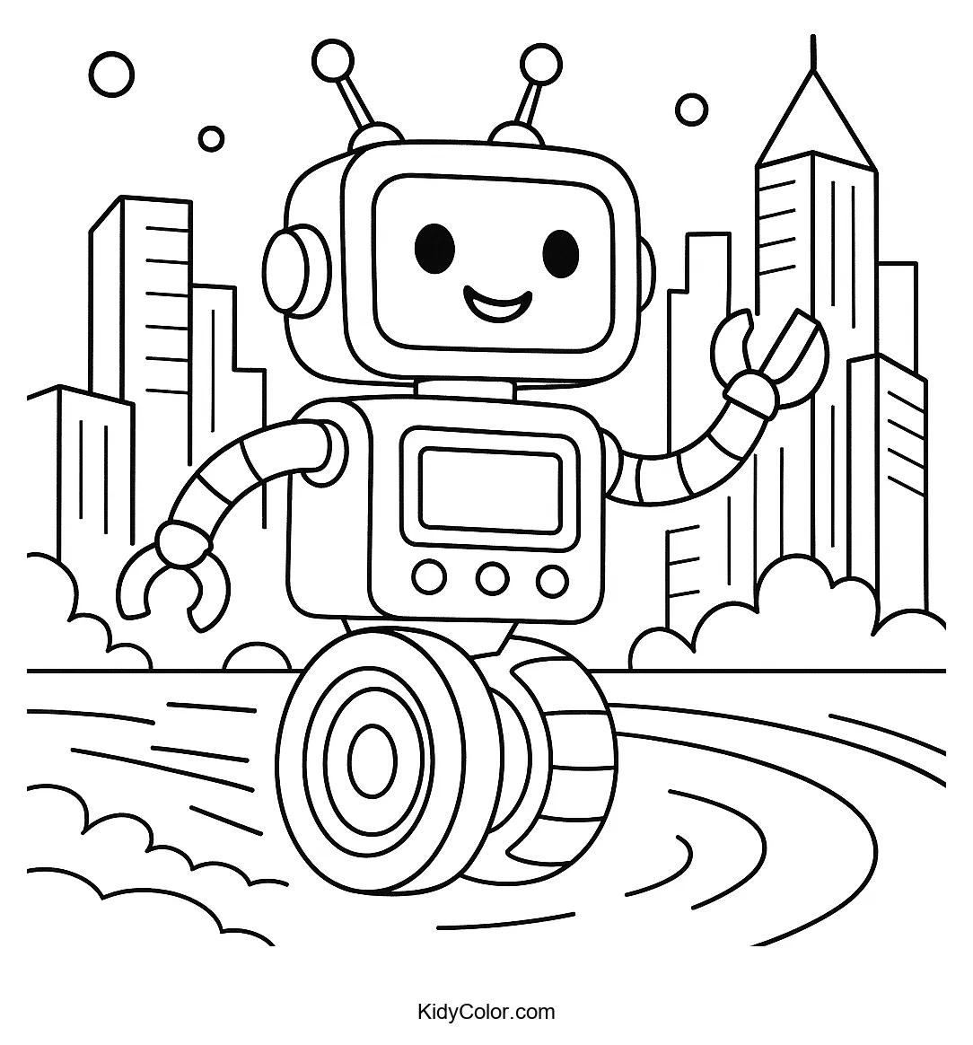 Robot flying through a futuristic city