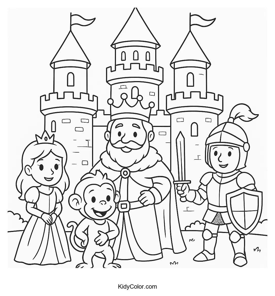Royal family and knight in front of a castle