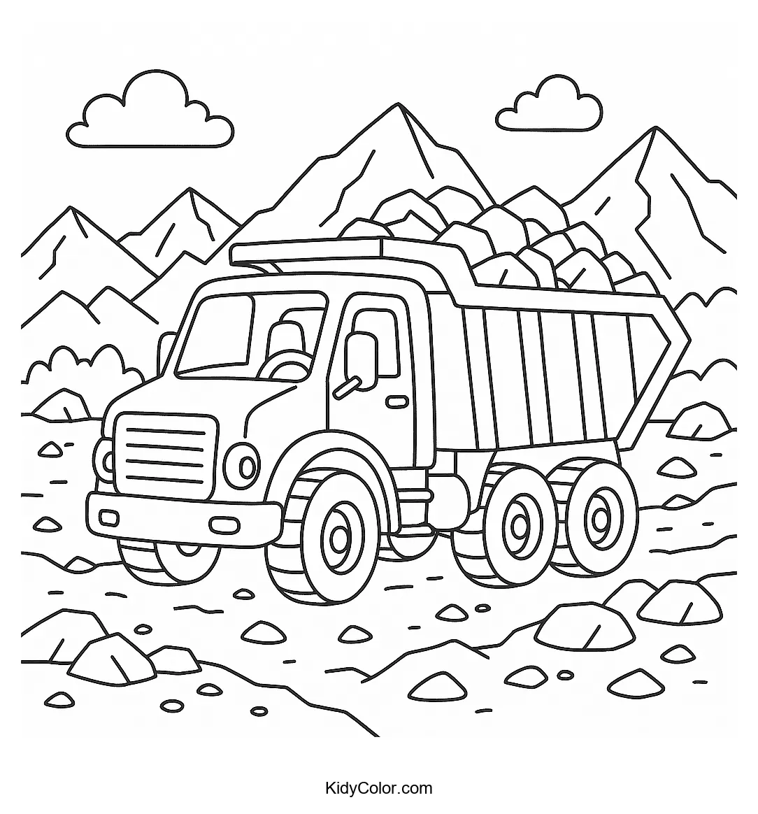 Dump truck on rugged terrain coloring page