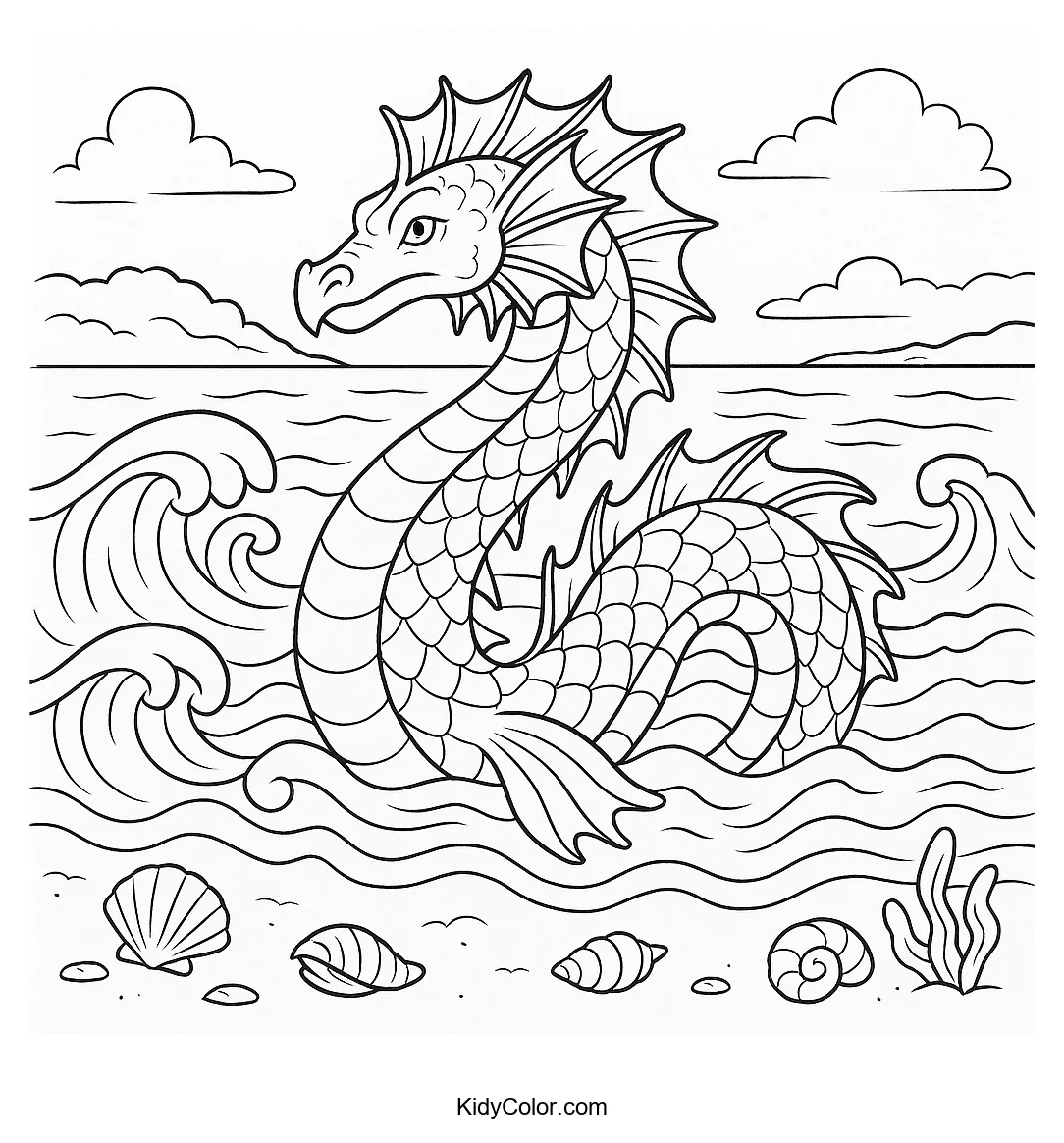 Coloring page of a serpent in swirling waves